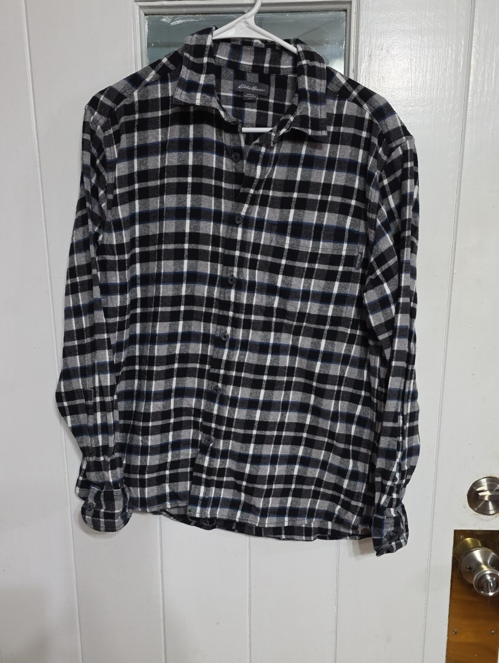 Eddie Bauer Mens Plaid Flannel Shirt Button Up Cotton Pocket Black/White L EUC